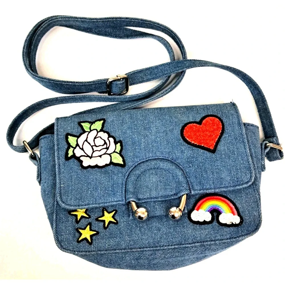 Y2K  No‎ Boundaries Denim Purse Handbag Embroidered Patches Heart Rose Rainbow